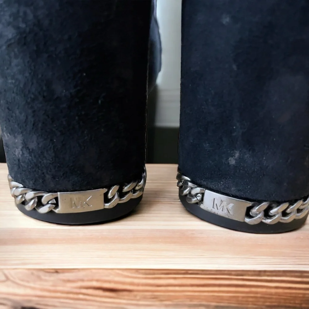 Michael Kors Dolores Black Suede Chain Block Heel Boots Size 10